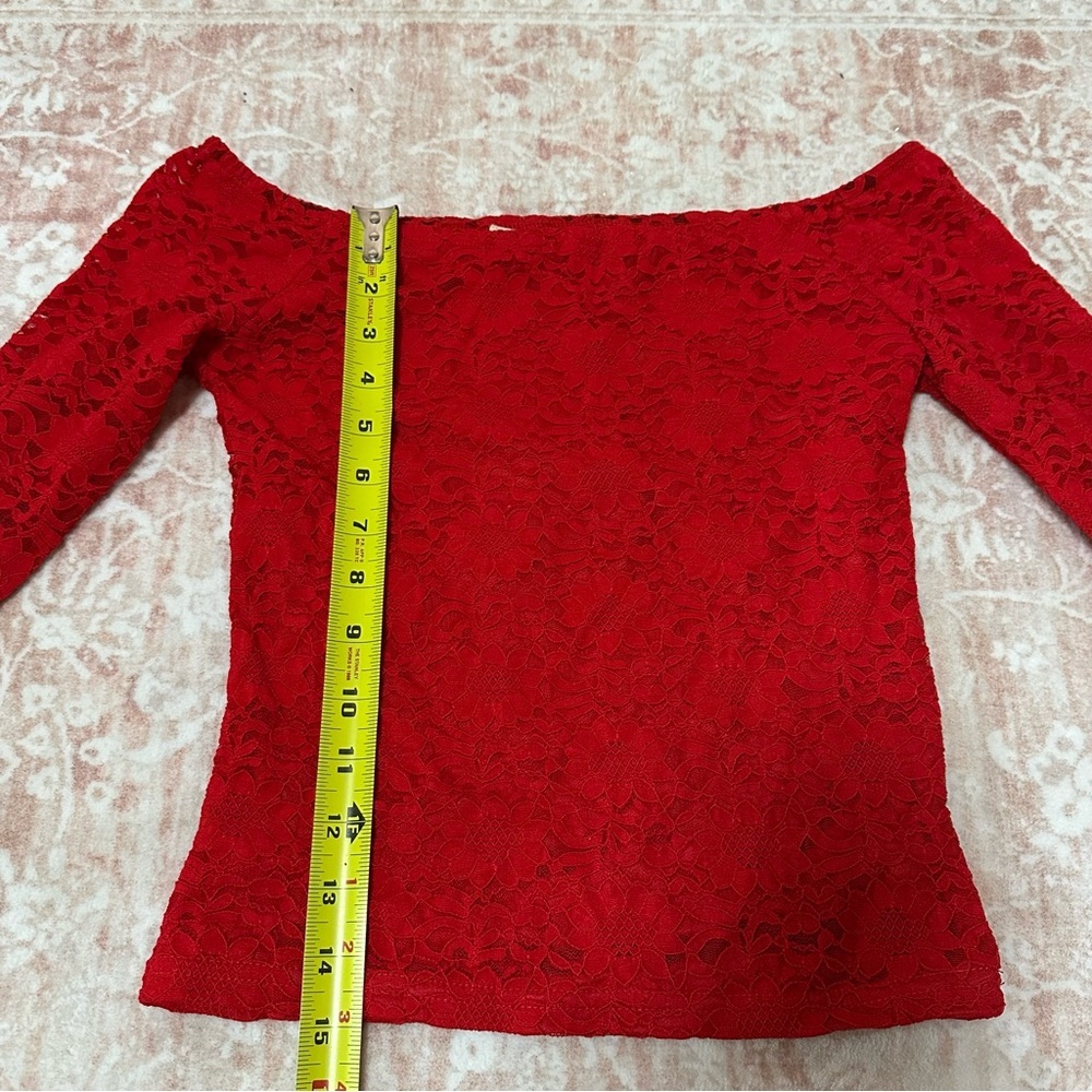 Red Lace Off The Shoulder Long Sleeve Top - Picture 6 of 8